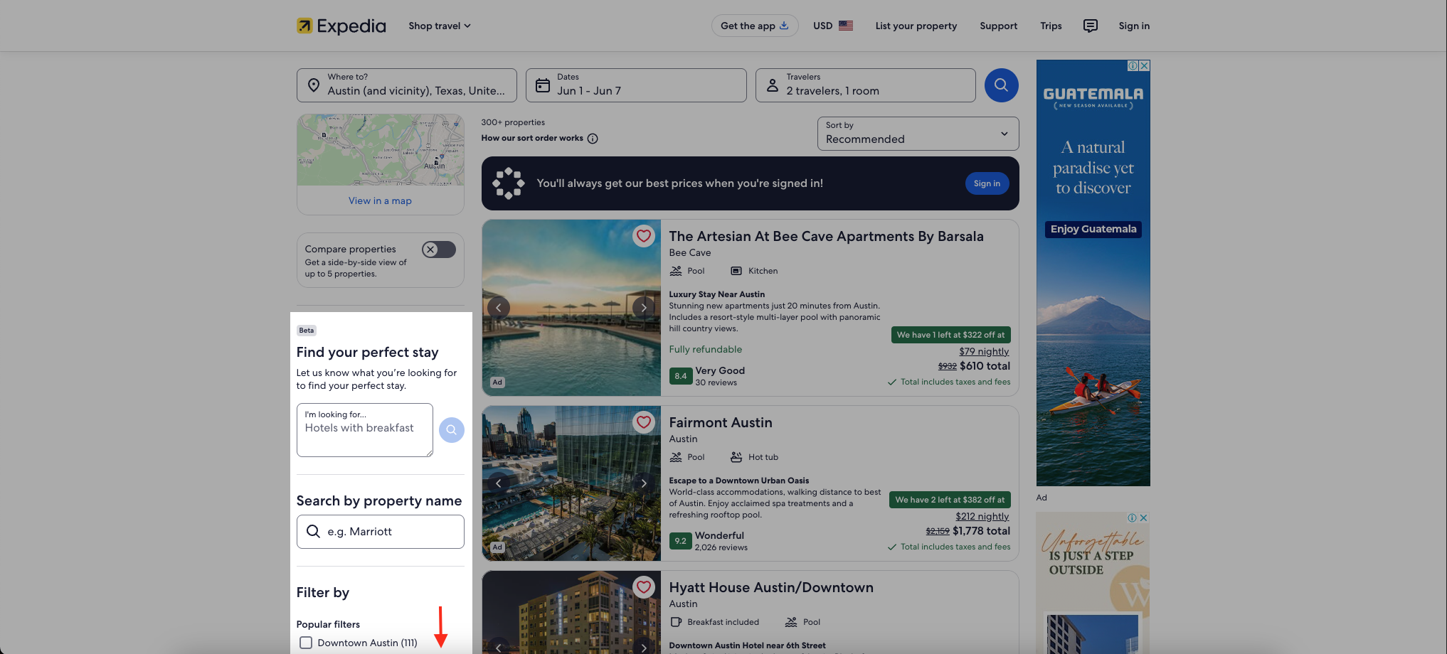 Sort & Filters feature on Expedia